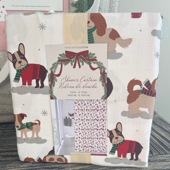 Festive Dog Print Shower Curtain - White and Brown - Picture 1 of 5